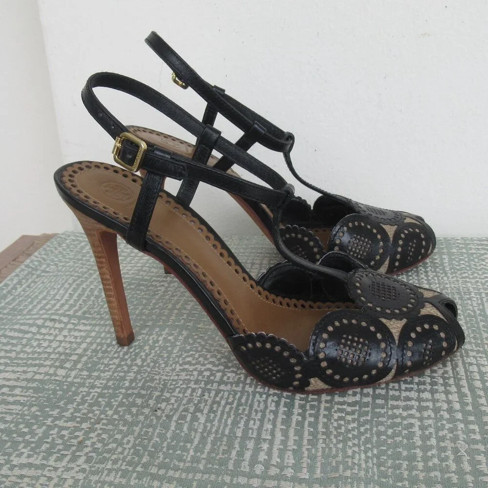 TORY BURCH, ALEXA Genuine Leather Peep Toe High Heel Sandal Black & Tan Sz. 6.5 - Picture 6 of 13